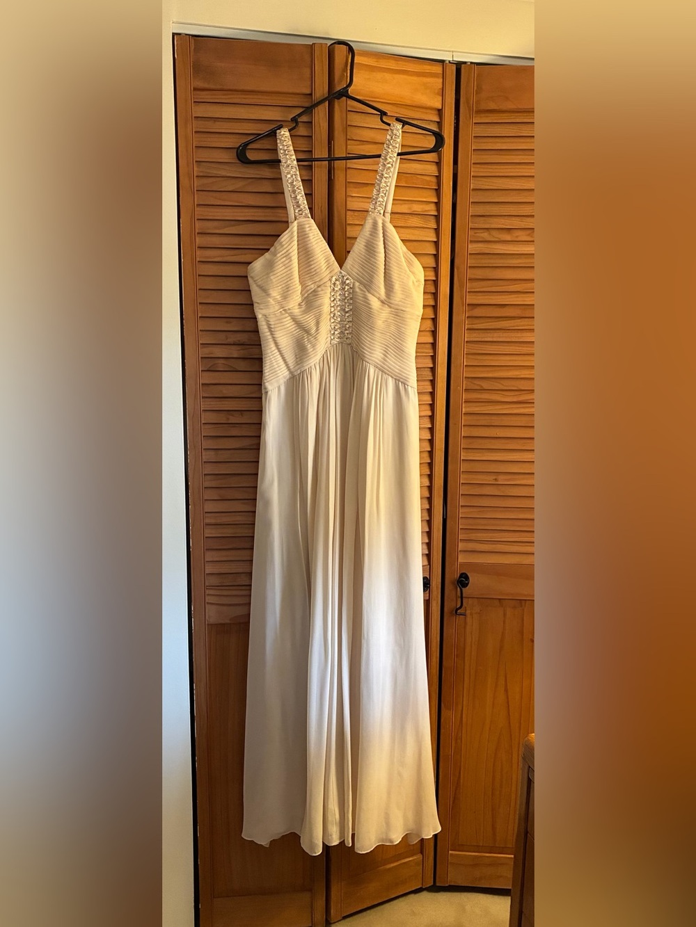 BCBGMaxAzria Cream Strapless Pleated Maxi Dress with Beaded Center